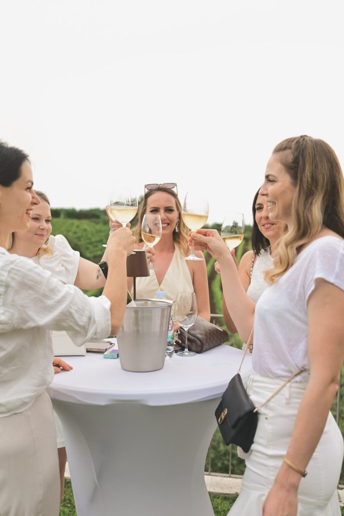 Žene na vinskoj degustaciji nazdravljaju čašama vina u sklopu Mamika marketinga za vinarije i vinare