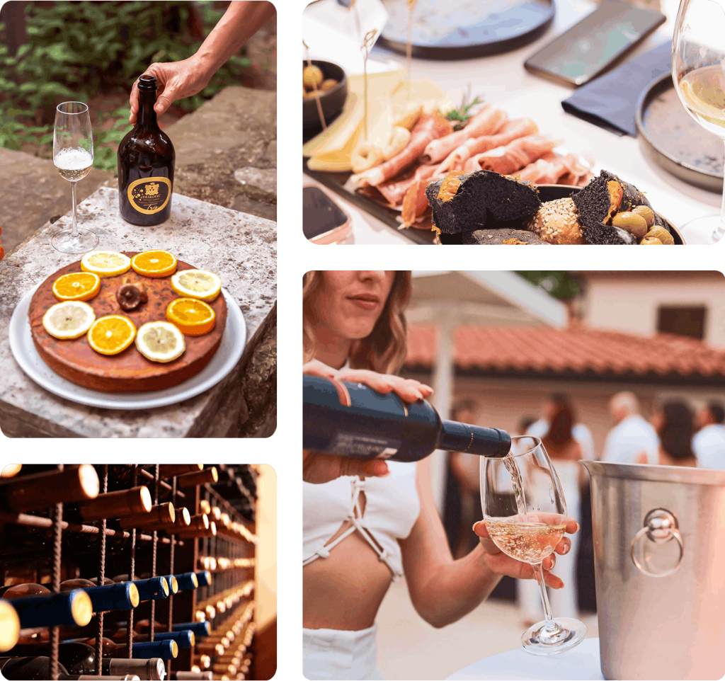 Kolaž fotografija vina, gastronomije i degustacije za landing page Marketing za vinarije i vinare brenda Tea Mamika